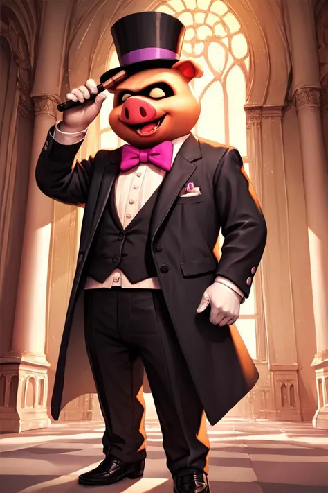 a close up of a cartoon pig wearing a top hat and a suit