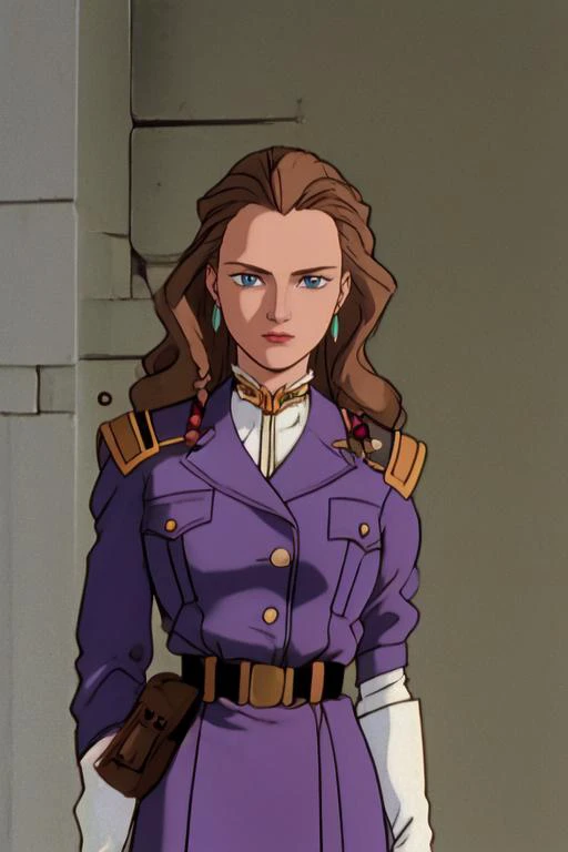 masterpiece, best quality,1girl, brown hair, long hair, makeup, drill hair, blue eyes, earrings, gloves, uniform, hand on hip, jewelry, military, military uniform, retro artstyle, sksgw, solo,1990s (style), outdoors, street background <lora:GundamWingStyle...