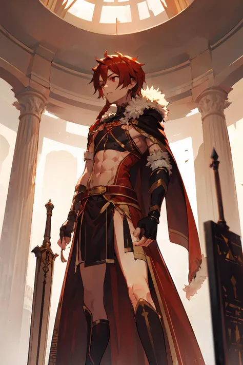 <lora:alexanderfgo:.7> alexanderfgo, 1boy, pelvic curtain, waist-cape, fur-trimmed cape, fingerless gloves, crop top, boots, Egypt,  ziggurat, standing, from below, underlighting, <lyco:UnlimitedBladeWorksV1:.4>, PlantedSword