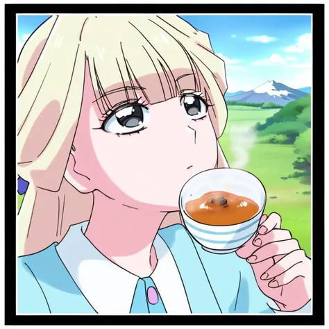 anime girl drinking a cup of tea in a field