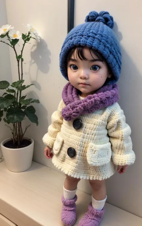 a close up of a doll wearing a hat and coat