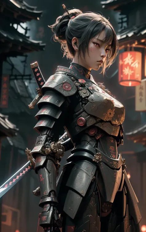 samurai, (masterpiece, best quality:1.3), intricate, 8k, HDR, wallpaper, cinematic lighting, 1girl samurai, (universe), holding sword, no humans, glowing, armor, glowing eyes, full body shot, mecha, <lora:Samurainiji:0.7>