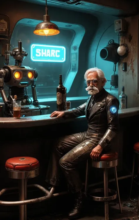 An old robot bartender with a moustache looking at the viewer in a sci-fi bar, amidst a dystopian aesthetic of disrepair, decay, and wear and tear