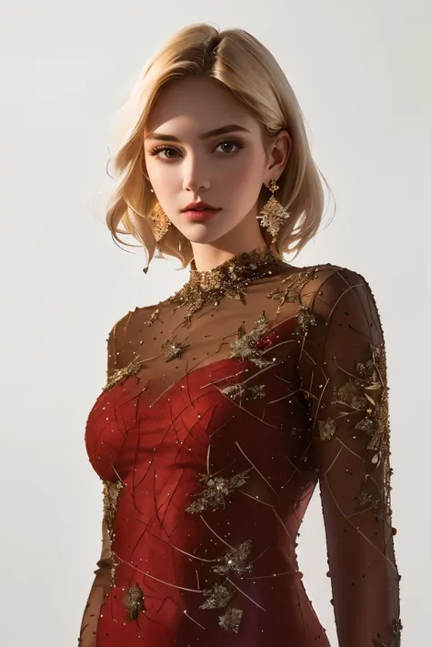 a woman in a red dress with gold stars on it