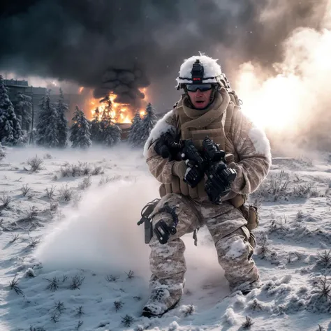 100mm dslr close up photograph of a solider, war, snow, dust, explosions <lora:JourneyLoRA:1>, (good composition), (in frame), centered, 8k, 4k, detailed, attractive, beautiful, impressive, photorealistic, realistic, cinematic composition, volumetric light...