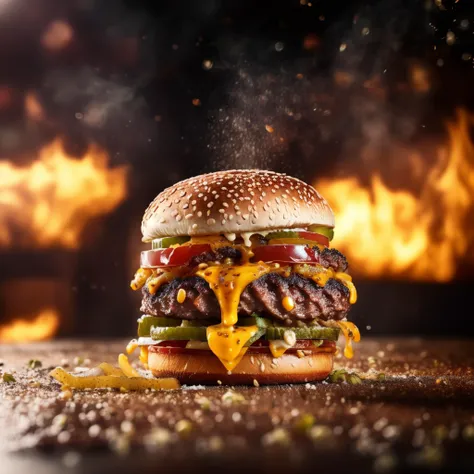 a close up of a hamburger with cheese and sauce on a table