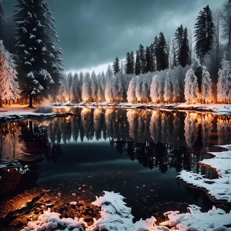 wide angle photo of a lake, winter, night time <lora:journeylora:1>, (good composition), (in frame), centered, 8k, 4k, detailed,...