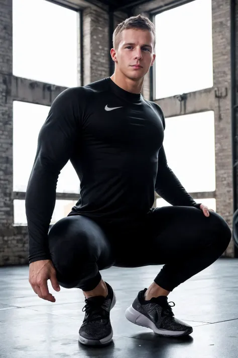 squatting, male focus, wearing a long-sleeve compression shirt and sweatpants and Nike sneakers, Contrapposto, photo of sc_nxn  <lora:sc_nxn-07:0.85>, industrial warehouse with high ceilings and large windows, kettlebells and gym equipment in the backgroun...