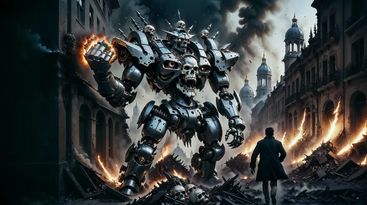 closeup of a giant mecha fist, destroyed city street, embers, in the style of baroque
ADDCOL
giant mecha holding skulls, towering over the city, destroyed, destruction, debris, embers, sparks, chaos in the style of baroque
ADDCOL
people running away in hor...