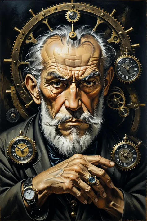 Painting by Akseli Gallen-Kallela, executed in tempera technique with brushstrokes on canvas. The object is a mystical Old Man with a wise face and large mechanical watches in a steampunk style on his hand. The appearance of the Old Man should be detailed ...