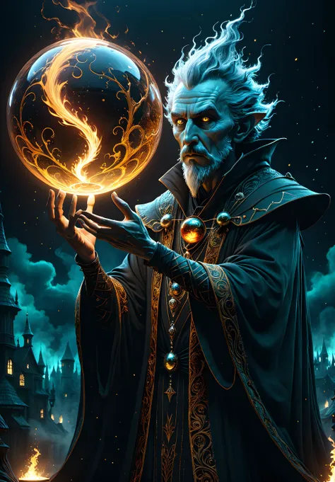 breathtaking illustration in the style of gris grimly and clive barker and lars grant-west,sparks fear and imagination in the viewer,masterpiece,intricately detailed,awe inspiring,a wizard holding a sphere of fire,Ultra-HD-details,glow effects,godrays,Hand...