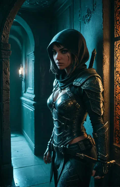 a female assassin looks around a dark corner in a hallway at the viewer,absurdres,intricately detailed,32K  ,<lora:Creat0rDet4ilz:.7>, glow effects, godrays, Hand drawn, render, 8k, octane render, cinema 4d, blender, dark, atmospheric 8k ultra detailed, ci...