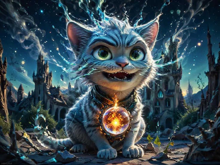 a man with enigmatic gaze cradling an ethereal, chaotic atomic fireball within a fragile, crystal-clear glass cat; luminous streaks of cosmic energy dance across the night sky backdrop, casting shadows and illuminating the haunting scene. <lora:Explosion A...