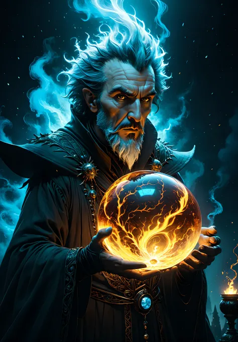 breathtaking illustration in the style of gris grimly and clive barker and lars grant-west,sparks fear and imagination in the viewer,masterpiece,intricately detailed,awe inspiring,a wizard holding a sphere of fire,Ultra-HD-details,glow effects,godrays,Hand...