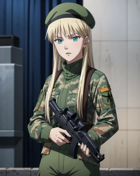 masterpiece, high quality, 1girl, KokoHekmatyar, medium shot, upper body,  camo military pants, green military pants, rifle in hands, black beret, <lora:KokoHekmatyar001:0.35>,  <lora:add_detail:0.5>,  <lora:colorify:1>