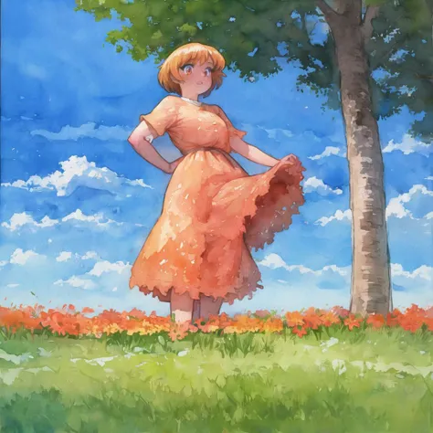 painting of a woman in a dress standing in a field