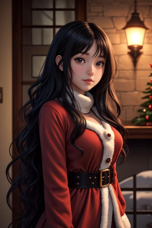 masterpiece, best quality, ultra detailed, anime style, 1girl, young, cute, wavy hair, medium long hair, black hair, brown eyes, christmas costume, indoor, chimney, winter, night, warm colors, beautiful face, happy