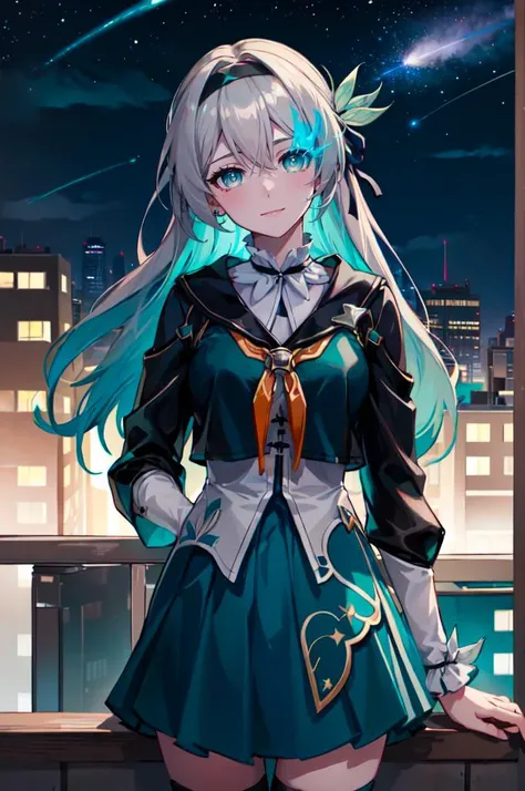 <lora:flame_over_one_eye:1> (teal flaming eye:1.5), (ringed eyes, grey skin, straight-on:1.35), smile, head tilt,  colorful,  <lora:firefly-v2-kozue:0.6> 1girl, blue eyes, grey hair, long hair, hair ornament, black hairband, long sleeves, green skirt, gree...