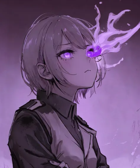 anime girl with purple eyes and a black jacket