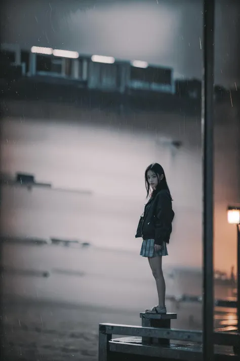 (masterpiece:1.2), best quality, high quality, (realistic), (absurdres:1.2), UHD, ultrarealistic,
(rainy night, dark, dark photo, grainy, dimly lit:1.3), a girl standing alone in front of an old, shabby, unlit transit station in a deserted countryside on a...