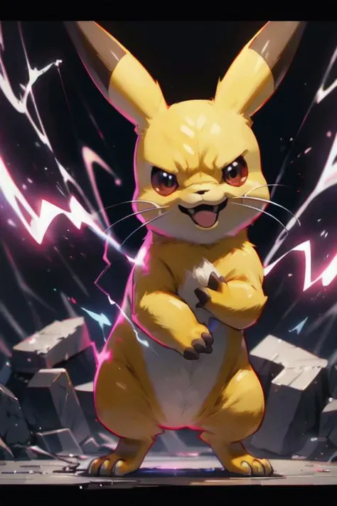 highres, ultra detailed, detective pikachu, pokemon, solo, (red:1.2), angry,  purple electricity