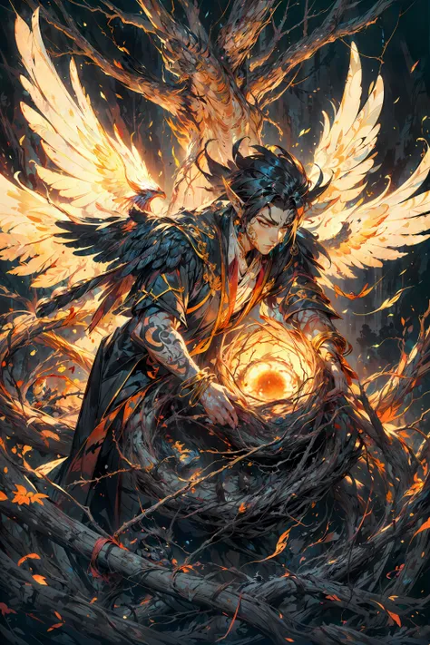 a woman with wings and a halo surrounded by fire