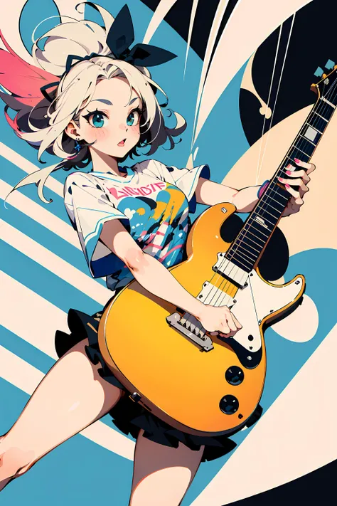 1girl,skinny body,long legs,black eyes,(flat color:1.5),clear,(bright colors),vivid colors,illustration,(pink,green,yellow),
BREAK
play the electric guitar,(open mouth:0.3),((BIG speech bubble)),
pop style,((t-shirt),BIG kanji text print),miniskirt,pastel ...