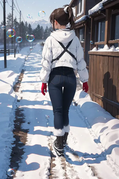 (depth of field:1.4),(blur:1.3),(dark:1.4),(very detailed:1.4),(high resolution:1.1), (A snowy walk, crunching footsteps on the wintry landscape.:1.3) BREAK
1girl,(Rich Brunette Bubble Ponytail with Elastic Bands:1.3) BREAK