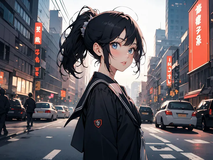 1girl, 1boy, black hair, jacket, night, blue eyes, school uniform, gakuran, black jacket, brown eyes, building, looking at viewer, long hair, outdoors, short hair, upper body, bangs, city, ponytail BREAK absurdres, highres, ultra detailed,BREAK <lora:koe_n...