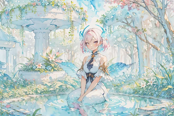 absurdres, highres, ultra detailed, solo, female forest spirit sits by a fountain in a bioluminescent garden, surrounded by glowing flora, ethereal, pastel colors, surreal, <lora:IrisCompietStyle:0.8>, (watercolor (medium), IrisCompiet:1.2),