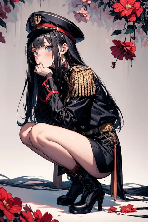 absurdres , highres, ultra detailed, (14yo 1girl:1.4), BREAK, small breasts, black hair, very long hair, (straight hair:1.4), blunt bangs, pale skin, hime cut, BREAK, white clothes, military uniform, military hat, epaulettes, aiguillette, black high heel b...