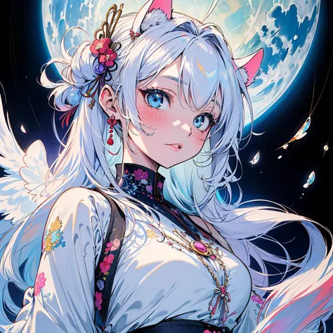 (colorful:1.3),(masterpiece:1.2),best quality, masterpiece, original photo, extremely detailed wallpaper, looking at viewer,1girl,solo, cat ear, angel girl, ICE dress, freeze face, white hair,blue eye, Japanese clothes, kinomo, dark moon <lora:Loraeyes_V1:...