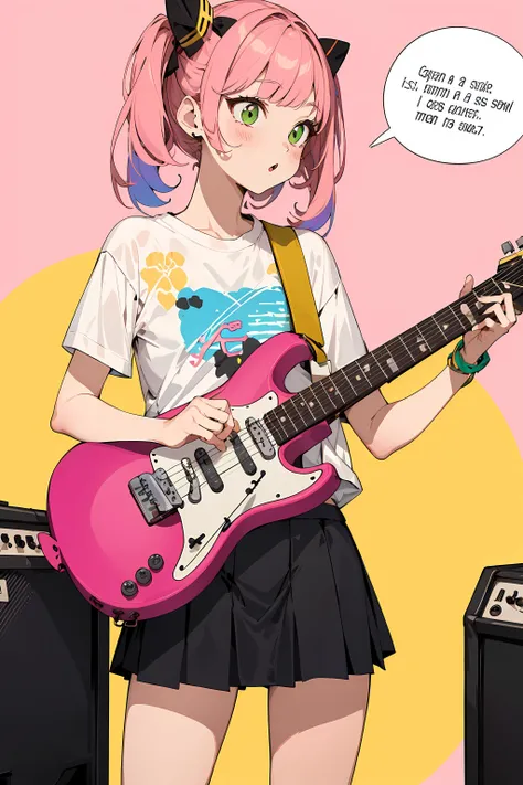 1girl, , (flat color:1.3), clear, vivid,(pink,green,yellow),
BREAK
play the electric guitar,sing a song,(open mouth:0.3),
pop style,((t-shirt),BIG kanji text print),miniskirt, pastel colors, delicate accessories,
A large guitar amp is placed in the backgro...