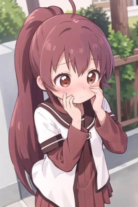 ultra-detailed,masterpiece,best quality,1girl,petite,outdoor,from above, covering face by hand,blush,shy,sugiura ayano,brown eyes,long hair,ahoge,ponytail,bangs,nanamori school uniform,sailor collar,red dress,shirt,long shirt,short over long sleeves,black ...