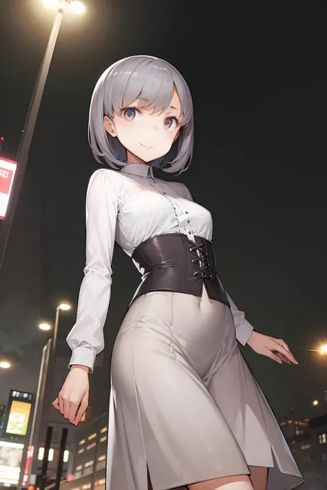 anime girl in a white dress and black belt walking down a street