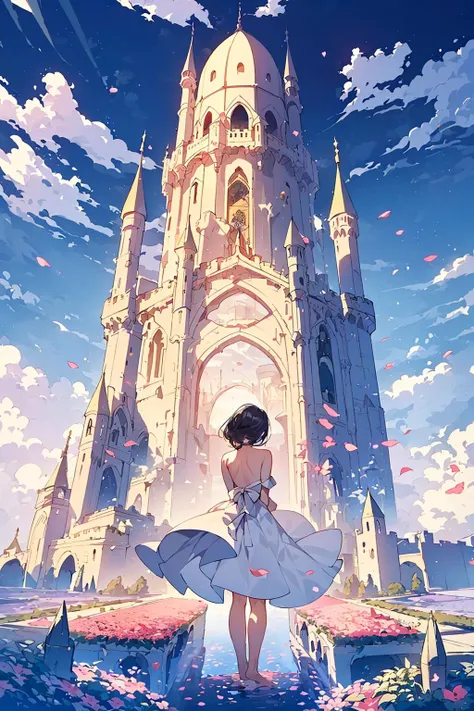 a woman in a white dress standing in front of a castle