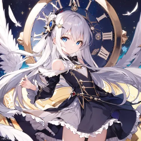 ((masterpiece,best quality)), 1girl ,{Background (In a huge clock)}, {Deep black blue eyestwinkling with the stars}, {Beautiful lolita}，(beautiful detailed eyes)，long_ hair，{loli}, {{{clock style magic array}}},With magic feathers floating around，{masterpi...