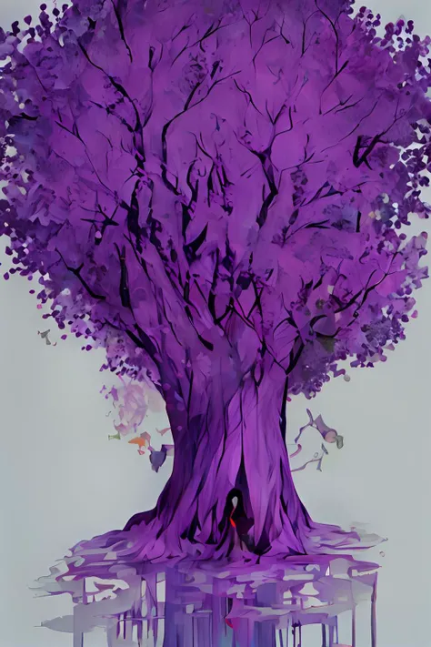 (embedding:cub1st:0.90), double exposure of a woman and the tree of life, bangs, purple hair, moon, flat colors