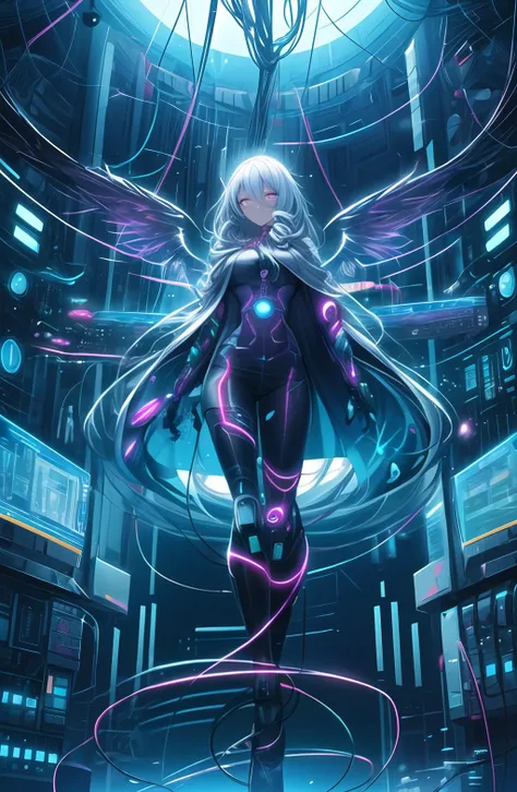 a woman, 1girl, [robotic limbs],
sci-fi, science fiction, cyberpunk, spaceship, spacecraft,
wires, cables, circuits, coil, circuitry,
full_body,
hacker,
(hologram),
wings, cloak,
neon lights,
twisted, (tangle, entangle), swirl, spiral,
glowing, (aura), cha...