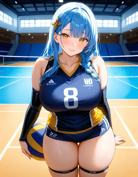 (masterpiece, best quality, ultra-detailed), (embedding:ziprealism:1), 1girl, mature female, (cute:1.2) , wearing vollyball uniform, elbow pads, short shorts, curvy, puffy lips, luscious lips, seductive smile, solo, long hair, cyan hair, yellow eyes, singl...