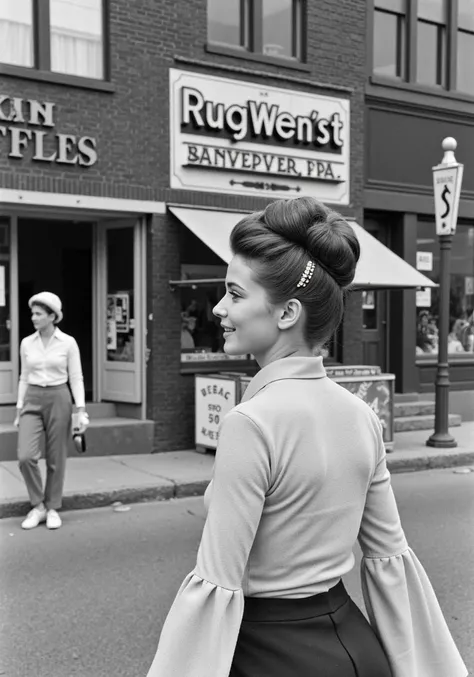 A photograph in the style of Weegee (Arthur Fellig), showcasing a woman with a bouffant beehive hairstyle and a bell sleeve top adorned with a rhinestone sweater clip, strolling down a bustling 1950s main street. The scene captures local businesses such as...