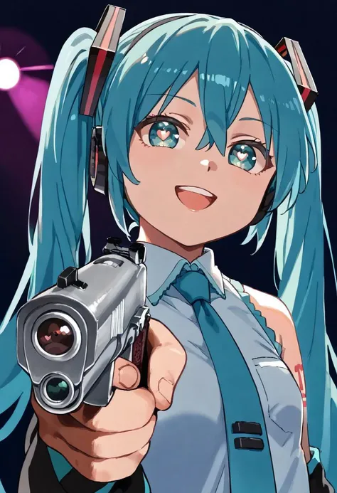 score_9,score_8_up,score_7_up, 1girl, Hatsune Miku, headphones, smile, aqua hair, symbol-shaped pupils, portrait, chibi, concert in the background, hair between eyes, heart-shaped pupils, long hair, parted lips, upper teeth, holding weapon, handgun, holdin...