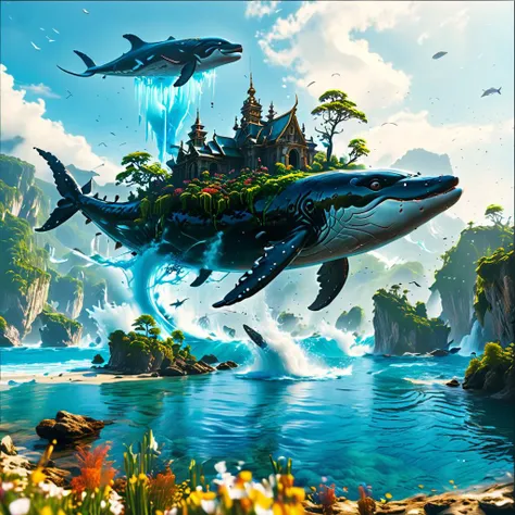 (masterpiece, best quality, ultra-detailed), (embedding:ziprealism:1), a beautiful fantasy landscape with floating islands in the background, whales flying in the sky, Faetastic