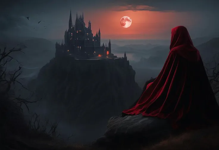 ((masterpiece)), ((best quality)), ultra-detailed, photorealistic, a girl sitting on a cliff, wearing a dark cape, gazing at a distant gothic grim castle, night time, large red moon illuminating the scene, dark medieval fantasy tone, desolate and lovecraft...