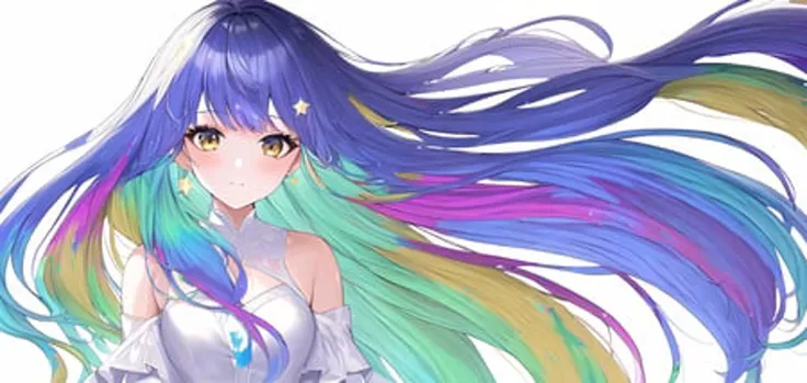 anime girl with long blue hair and colorful hair