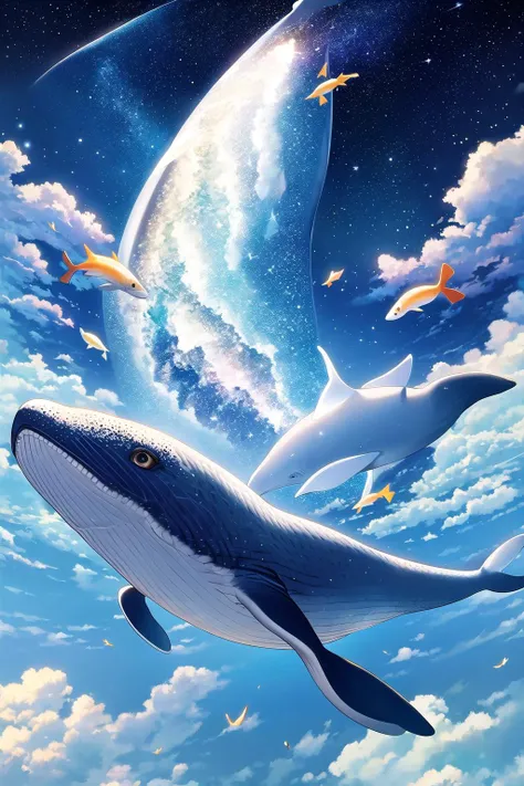 a painting of a whale flying through the sky with other animals