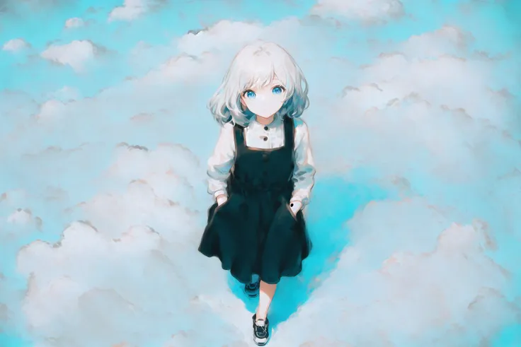 anime girl in black dress standing on a cloud covered ground