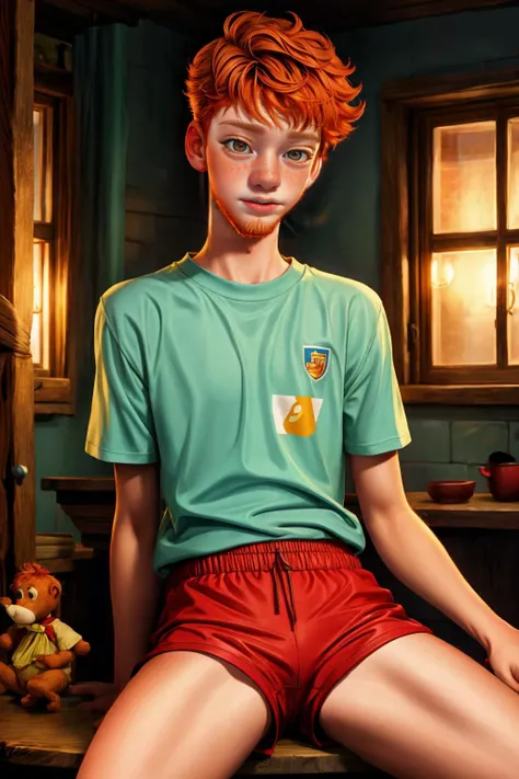 Candid photo of a slim, Twink, unathletic, timid 18yo dg_Finn boy wearing a t-shirt, shorts, short dark red hair, (ginger facial hair stubble, :1.2) sitting, table, photorealistic, hyperdetailed,   <lora:dg_Finn_v1:0.8>, wholesome, <lora:add_detail:1>,