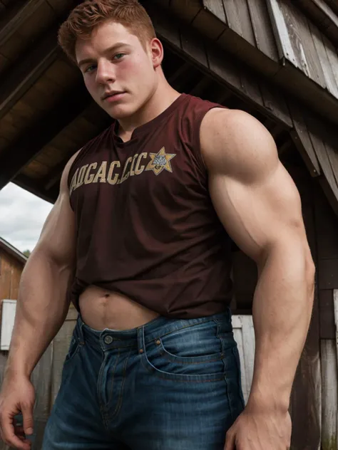 Solo focus, Candid photo of a bully Appalachian 20yo redneck dg_Dale boy, short dark red hair, photorealistic, hyperdetailed, <lora:dg_Dale_v1:0.8>, painting the side of a barn, sharp focus, t-shirt, pants,