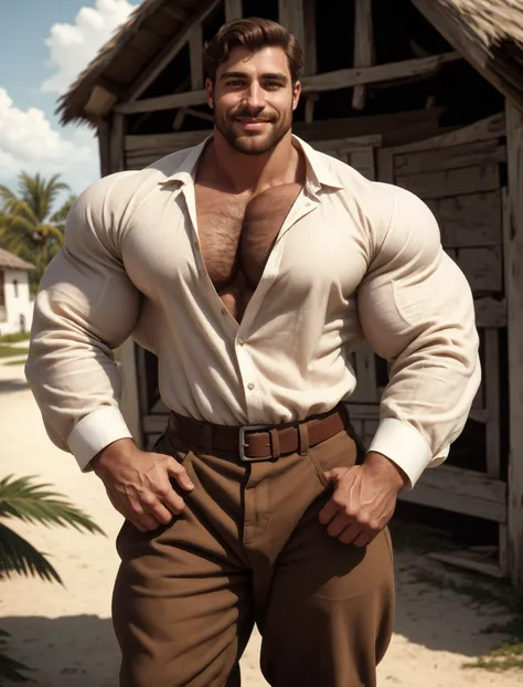 <lora:BrutalMass2:0.7> brutalmass, 1boy, big brown eyes, handsome warm smile, open linen blouse, rolled up trousers, early 1900s, the Bahamas, explorer adventurer, rustic village,